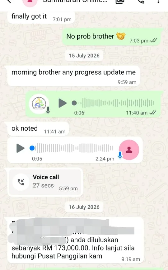 Testimoni pelanggan PRO-LUNAS 2 dalam tangkap layar WhatsApp